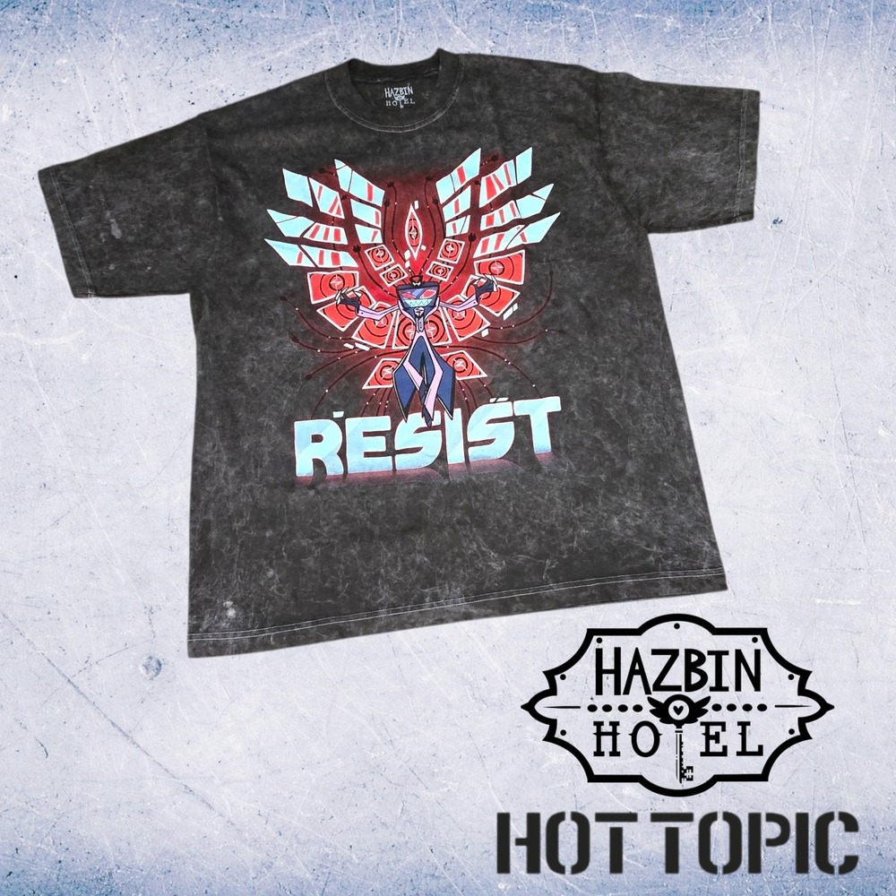 Hot Topic Unisex Hazbin Hotel Vox Resist Mineral Wash Graphic T-Shirt Black L